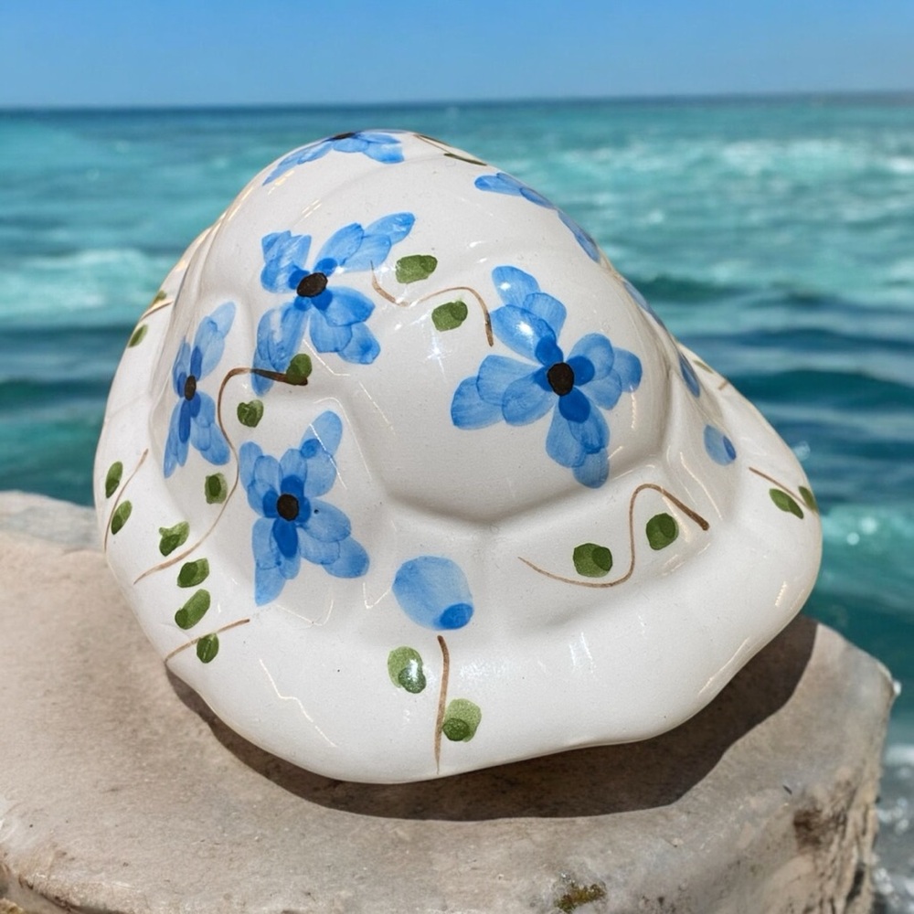 Vintage Portugal Ceramic Turtle Trinket Box LID ONLY Replacement Blue Floral